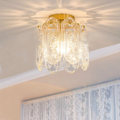 Traditional French Iron Glass Embossed Floral Drum 1-Light Semi-Flush Mount Ceiling Light For Hallway