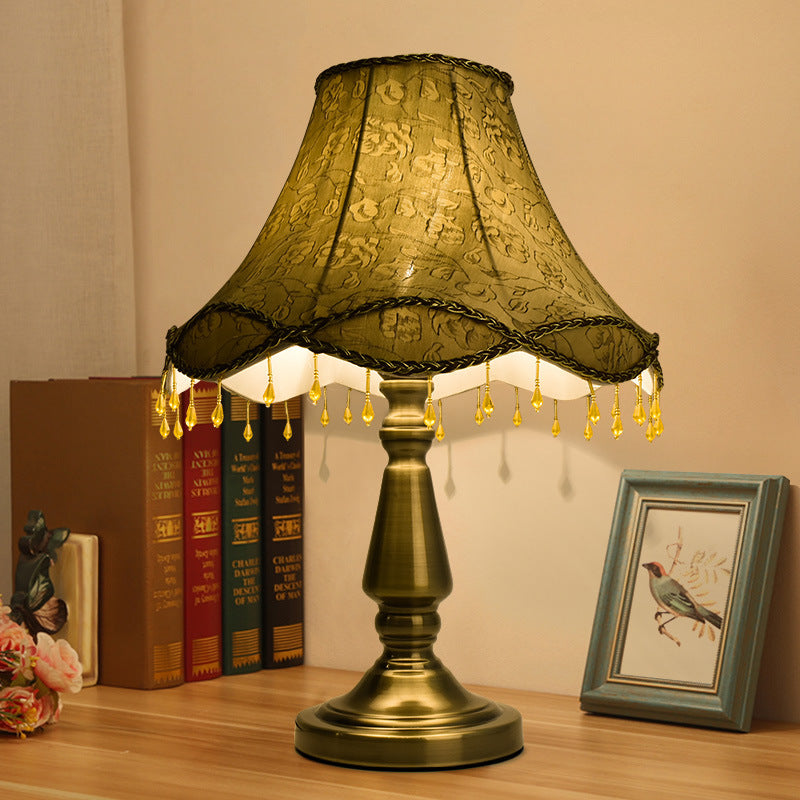 Contemporary Retro Iron Fabric Conic Bead Curtain Wave 1-Light Table Lamp For Bedside