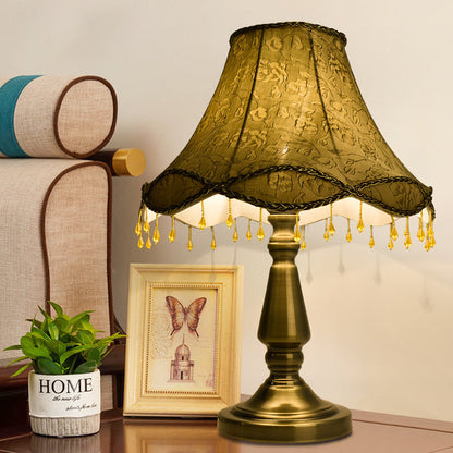 Contemporary Retro Iron Fabric Conic Bead Curtain Wave 1-Light Table Lamp For Bedside