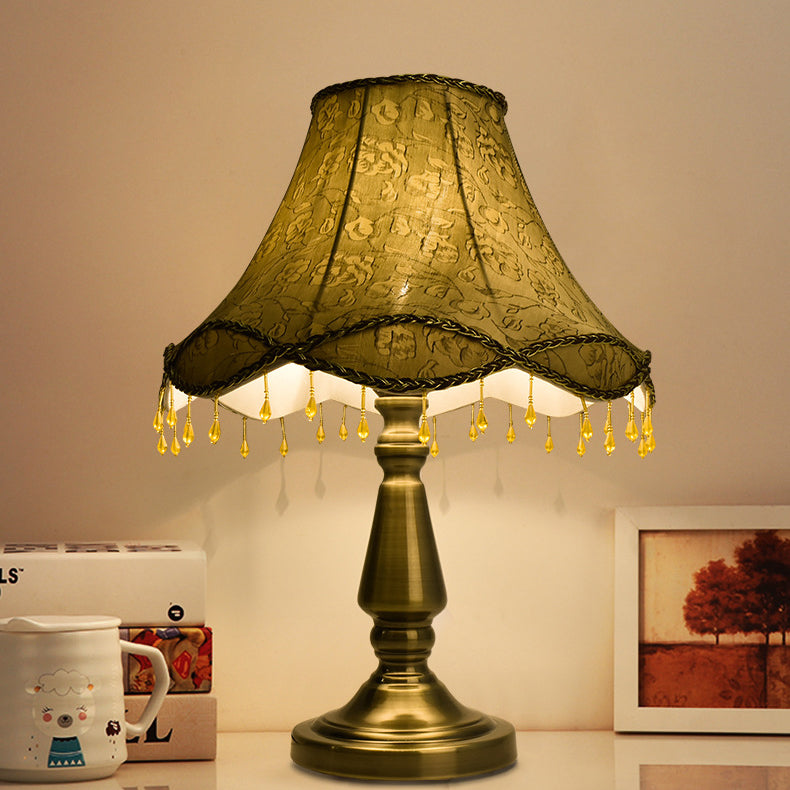 Contemporary Retro Iron Fabric Conic Bead Curtain Wave 1-Light Table Lamp For Bedside