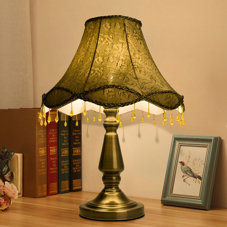 Contemporary Retro Iron Fabric Conic Bead Curtain Wave 1-Light Table Lamp For Bedside