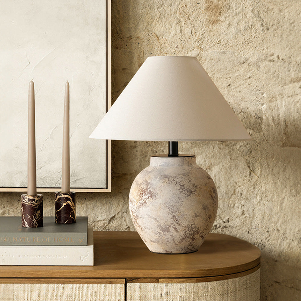 Traditional Vintage Handmade Ceramic Fabric Conic Pot 1-Light Table Lamp For Bedside