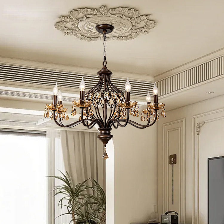 Contemporary Retro Iron Crystal Candlestick Holder Teardrop 6/8/10 Light Chandeliers For Living Room