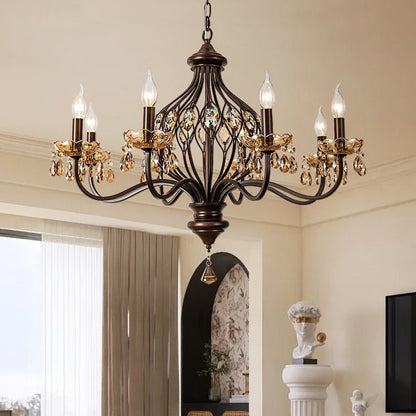 Contemporary Retro Iron Crystal Candlestick Holder Teardrop 6/8/10 Light Chandeliers For Living Room