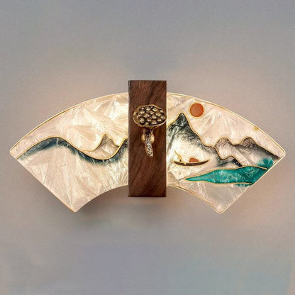 Traditional Chinese Walnut Copper Acrylic Scalloped Hand Enameling Painting Lotus Bamboo Leaf LED Wall Sconce Lamp For Bedside