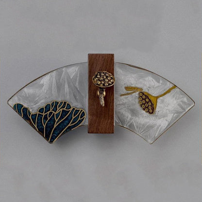 Traditional Chinese Walnut Copper Acrylic Scalloped Hand Enameling Painting Lotus Bamboo Leaf LED Wall Sconce Lamp For Bedside