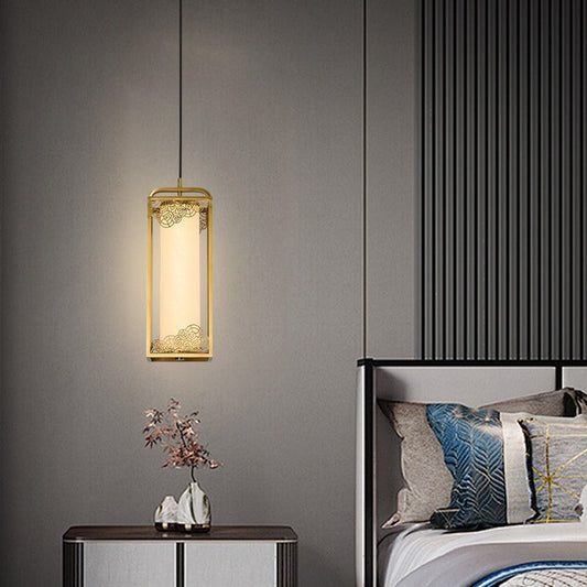 Traditional Chinese Copper Glass Cylinder Carved Auspicious Cloud LED Pendant Light For Bedside
