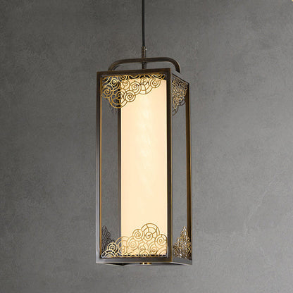 Traditional Chinese Copper Glass Cylinder Carved Auspicious Cloud LED Pendant Light For Bedside