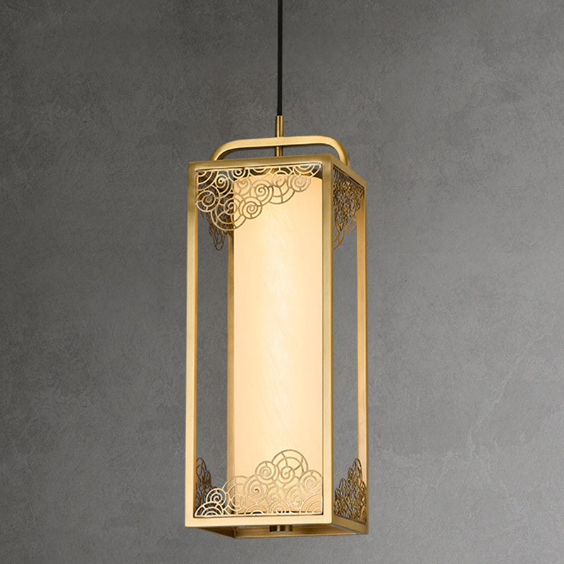 Traditional Chinese Copper Glass Cylinder Carved Auspicious Cloud LED Pendant Light For Bedside