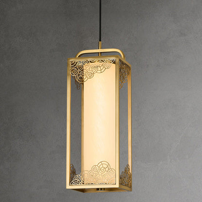 Traditional Chinese Copper Glass Cylinder Carved Auspicious Cloud LED Pendant Light For Bedside
