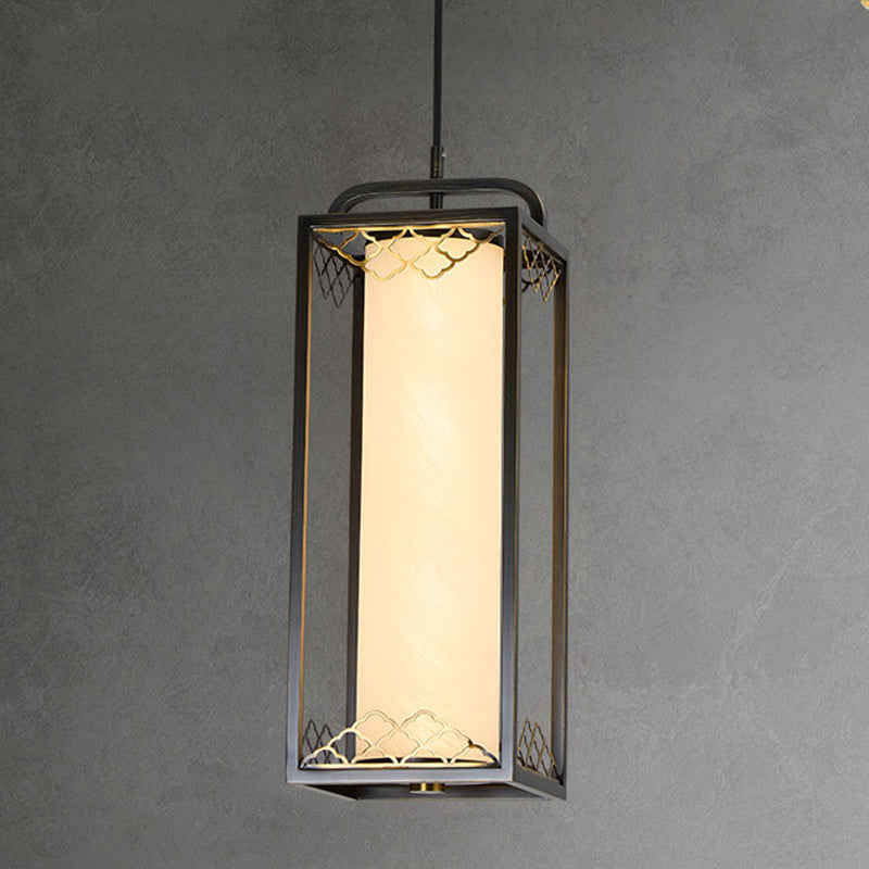 Traditional Chinese Copper Glass Cylinder Carved Auspicious Cloud LED Pendant Light For Bedside