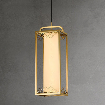 Traditional Chinese Copper Glass Cylinder Carved Auspicious Cloud LED Pendant Light For Bedside