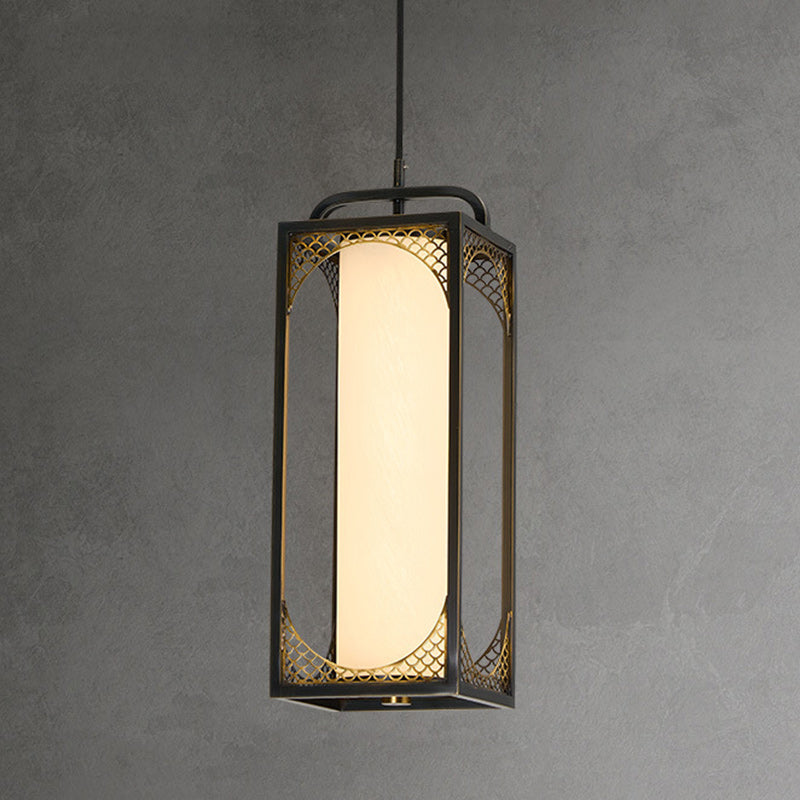 Traditional Chinese Copper Glass Cylinder Carved Auspicious Cloud LED Pendant Light For Bedside
