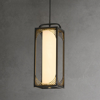 Traditional Chinese Copper Glass Cylinder Carved Auspicious Cloud LED Pendant Light For Bedside