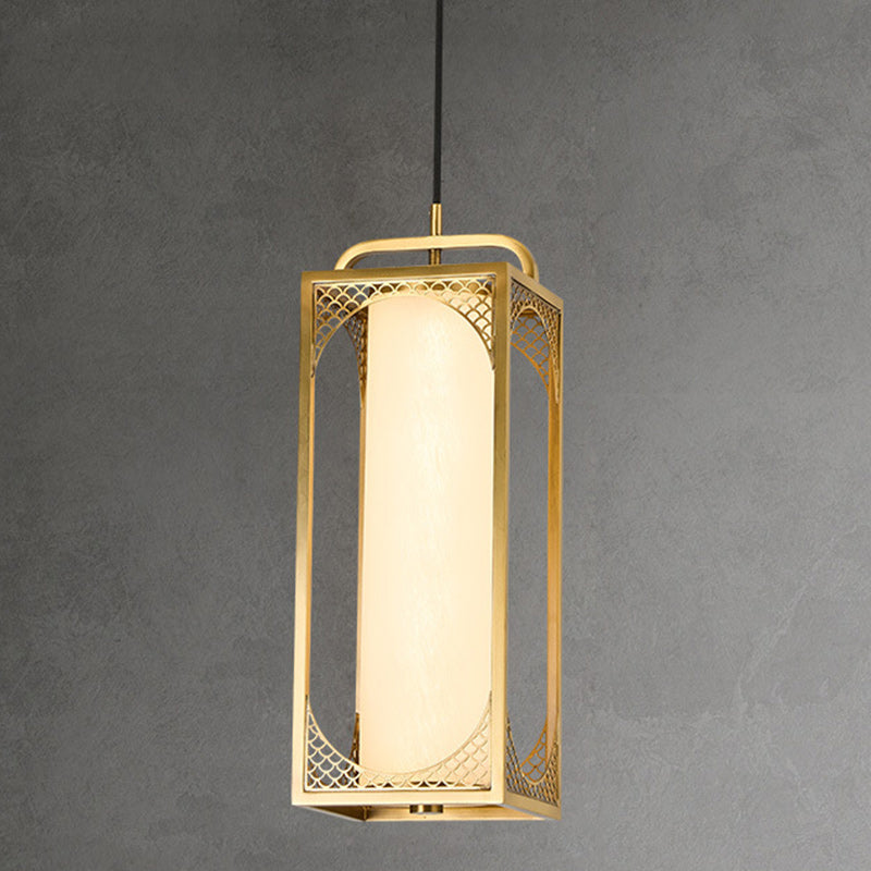 Traditional Chinese Copper Glass Cylinder Carved Auspicious Cloud LED Pendant Light For Bedside