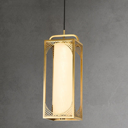 Traditional Chinese Copper Glass Cylinder Carved Auspicious Cloud LED Pendant Light For Bedside