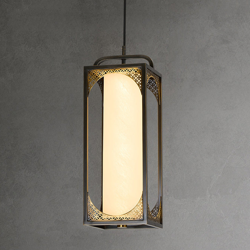 Traditional Chinese Copper Glass Cylinder Carved Auspicious Cloud LED Pendant Light For Bedside