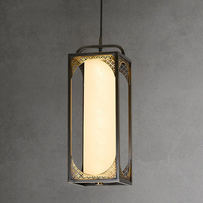 Traditional Chinese Copper Glass Cylinder Carved Auspicious Cloud LED Pendant Light For Bedside