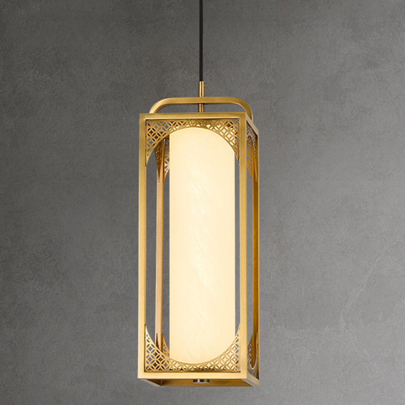 Traditional Chinese Copper Glass Cylinder Carved Auspicious Cloud LED Pendant Light For Bedside