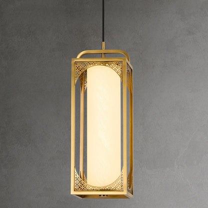 Traditional Chinese Copper Glass Cylinder Carved Auspicious Cloud LED Pendant Light For Bedside