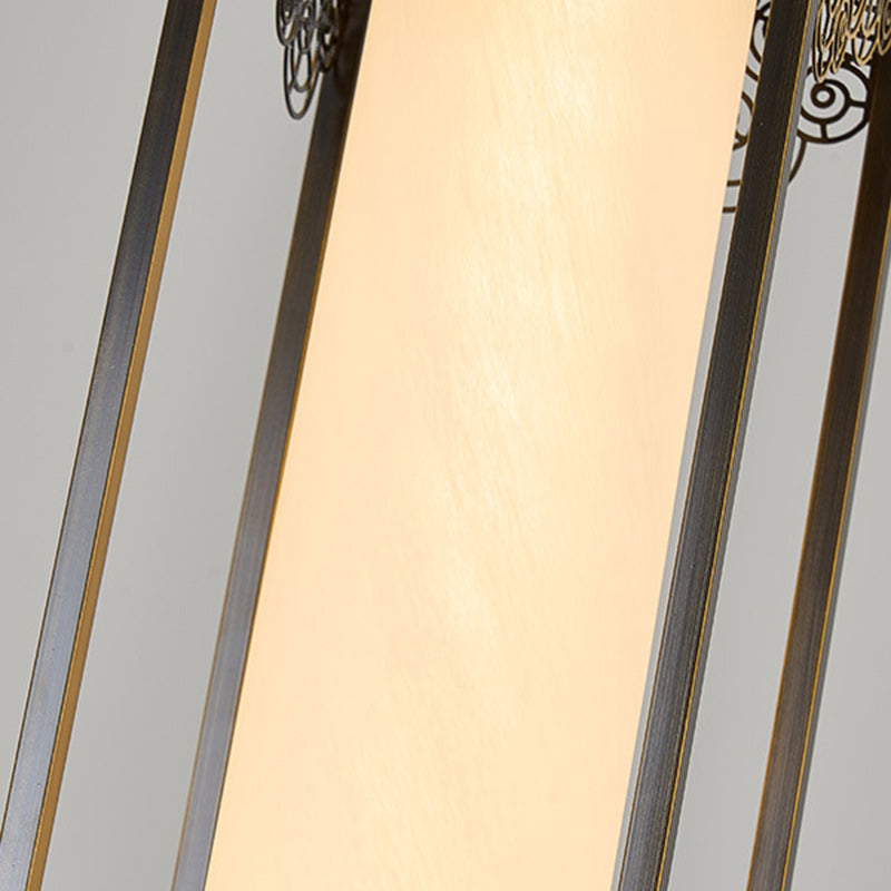 Traditional Chinese Copper Glass Cylinder Carved Auspicious Cloud LED Pendant Light For Bedside