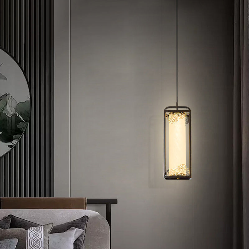 Traditional Chinese Copper Glass Cylinder Carved Auspicious Cloud LED Pendant Light For Bedside