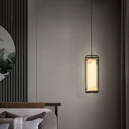Traditional Chinese Copper Glass Cylinder Carved Auspicious Cloud LED Pendant Light For Bedside