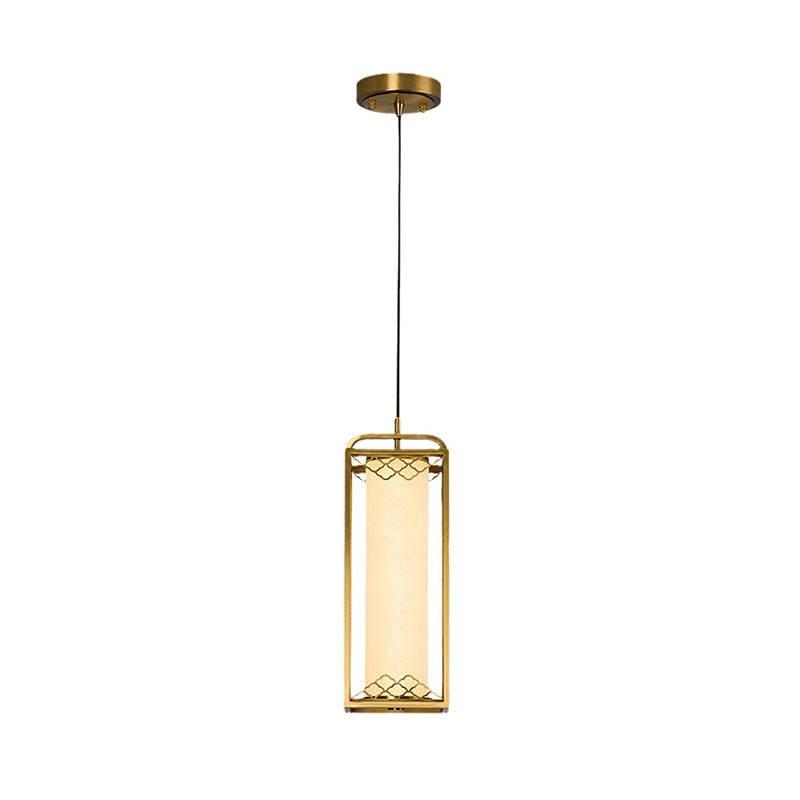 Traditional Chinese Copper Glass Cylinder Carved Auspicious Cloud LED Pendant Light For Bedside