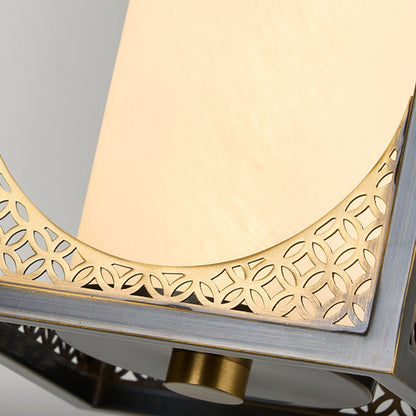 Traditional Chinese Copper Glass Cylinder Carved Auspicious Cloud LED Pendant Light For Bedside