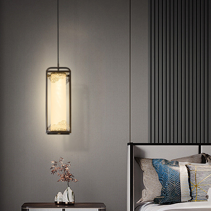 Traditional Chinese Copper Glass Cylinder Carved Auspicious Cloud LED Pendant Light For Bedside