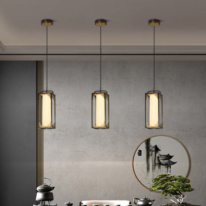 Traditional Chinese Copper Glass Cylinder Carved Auspicious Cloud LED Pendant Light For Bedside
