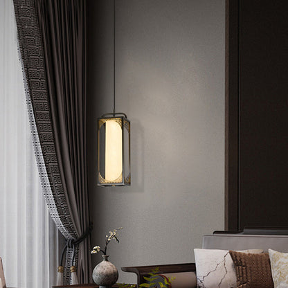 Traditional Chinese Copper Glass Cylinder Carved Auspicious Cloud LED Pendant Light For Bedside
