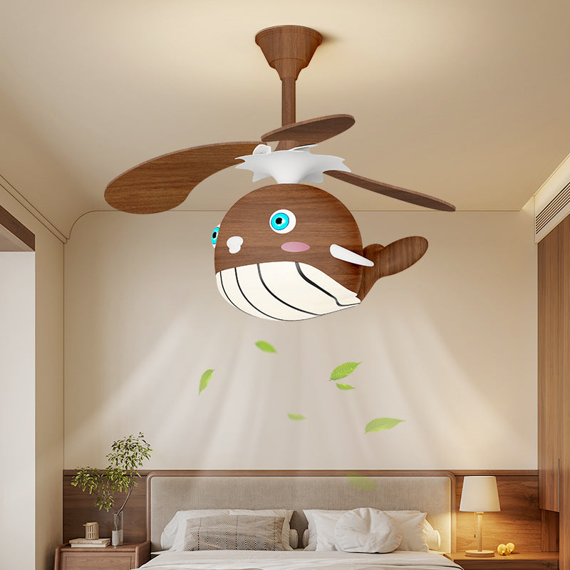 Contemporary Creative Kids Whale Dolphin Iron Wood ABS Acrylic LED Downrods Ceiling Fan Light For Bedroom
