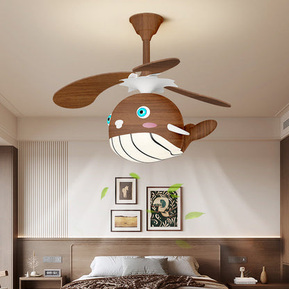 Contemporary Creative Kids Whale Dolphin Iron Wood ABS Acrylic LED Downrods Ceiling Fan Light For Bedroom