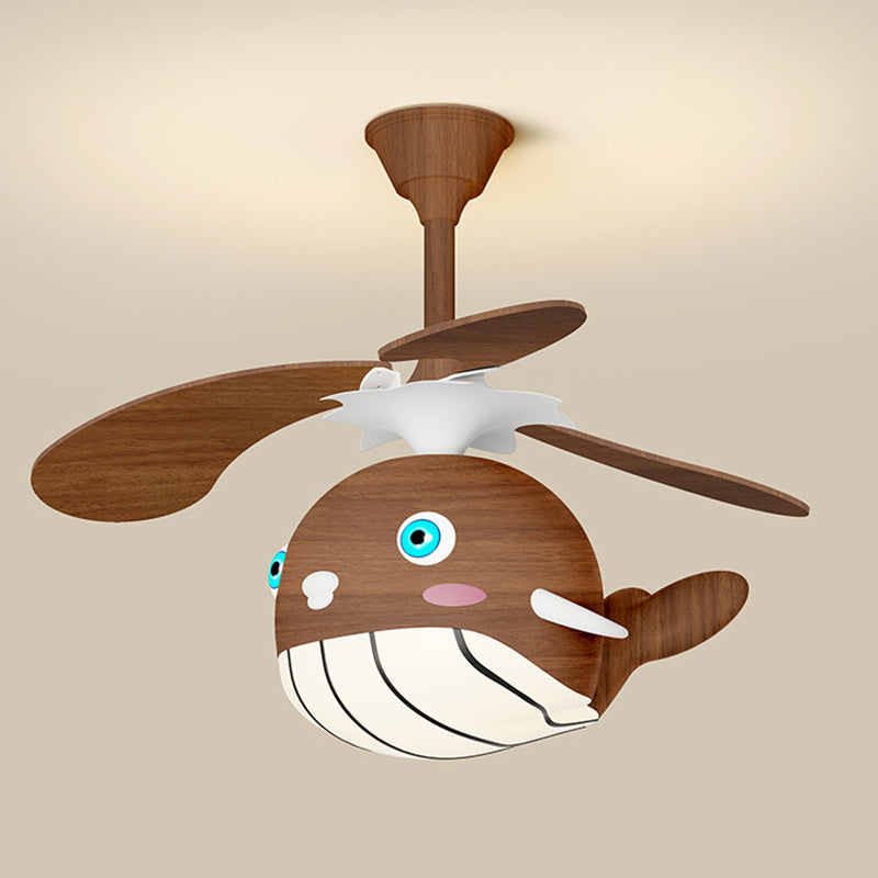 Contemporary Creative Kids Whale Dolphin Iron Wood ABS Acrylic LED Downrods Ceiling Fan Light For Bedroom