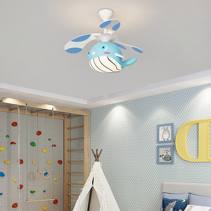 Contemporary Creative Kids Whale Dolphin Iron Wood ABS Acrylic LED Downrods Ceiling Fan Light For Bedroom