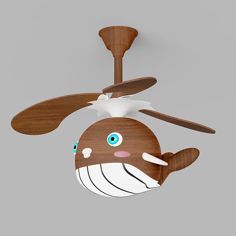 Contemporary Creative Kids Whale Dolphin Iron Wood ABS Acrylic LED Downrods Ceiling Fan Light For Bedroom