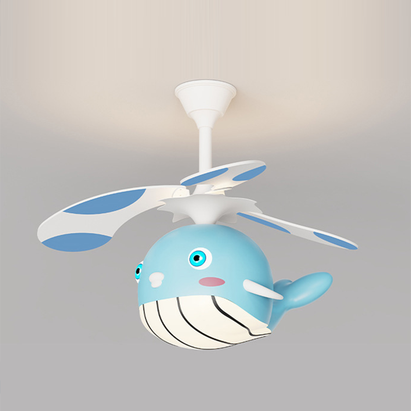 Contemporary Creative Kids Whale Dolphin Iron Wood ABS Acrylic LED Downrods Ceiling Fan Light For Bedroom