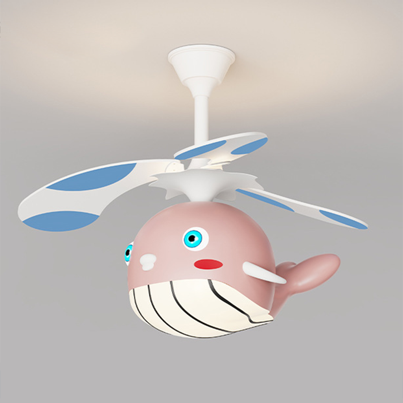 Contemporary Creative Kids Whale Dolphin Iron Wood ABS Acrylic LED Downrods Ceiling Fan Light For Bedroom