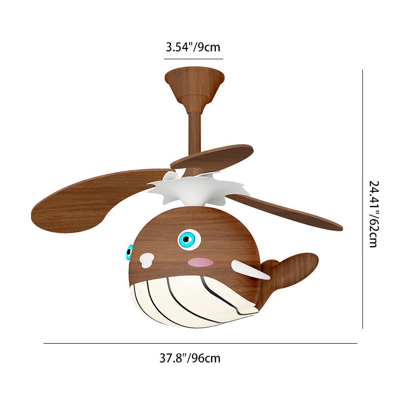 Contemporary Creative Kids Whale Dolphin Iron Wood ABS Acrylic LED Downrods Ceiling Fan Light For Bedroom