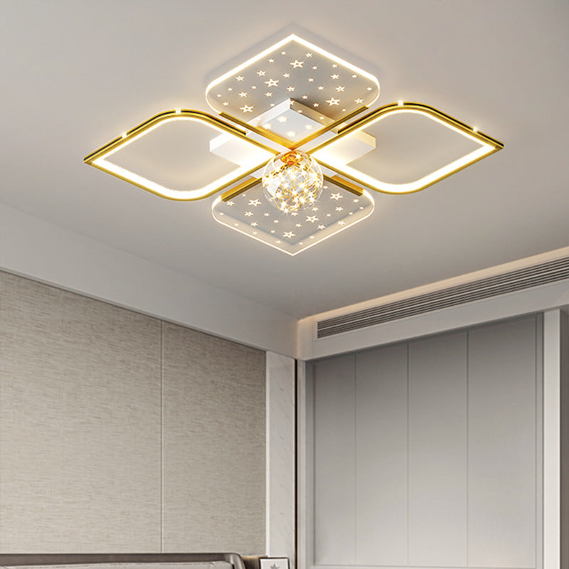 Contemporary Nordic Iron Acrylic Four Leaf Clover Starry Star Ball LED Semi-Flush Mount Ceiling Light For Bedroom