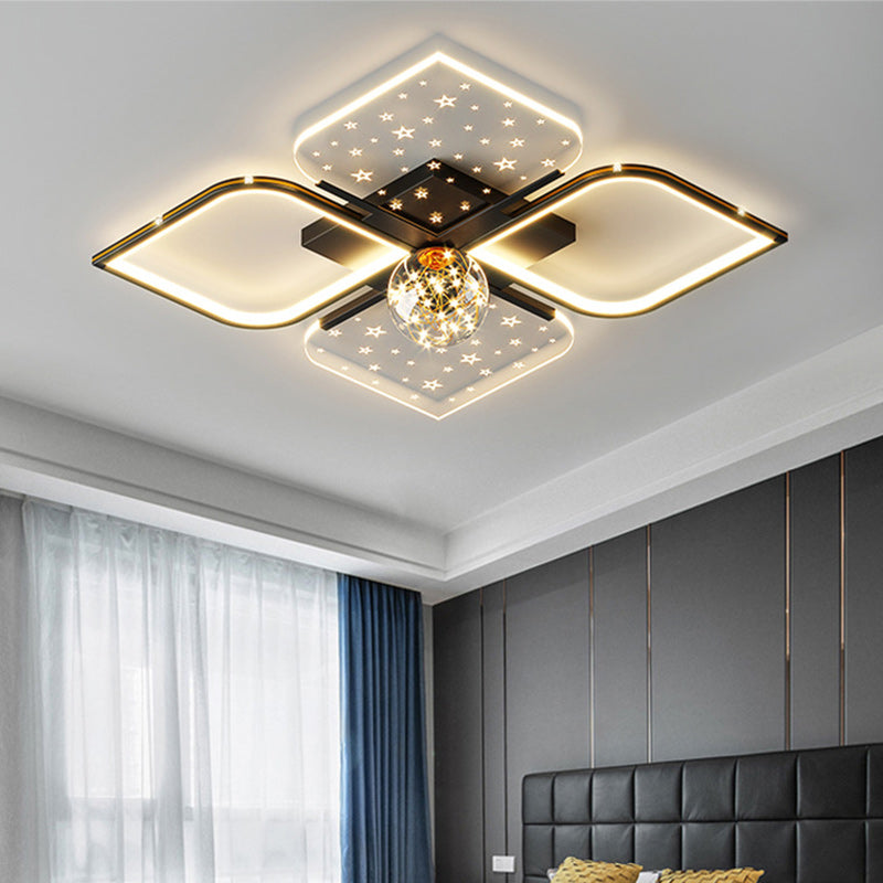 Contemporary Nordic Iron Acrylic Four Leaf Clover Starry Star Ball LED Semi-Flush Mount Ceiling Light For Bedroom