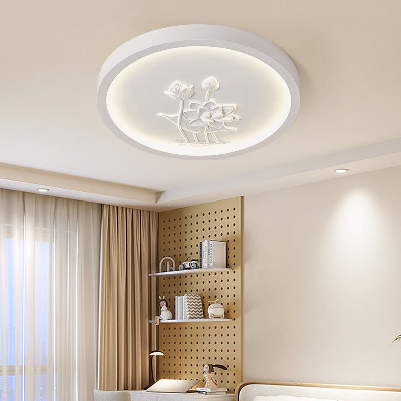 Traditional Chinese Resin Iron Acrylic Round Engraved Lotus Flower LED Flush Mount Ceiling Light For Bedroom