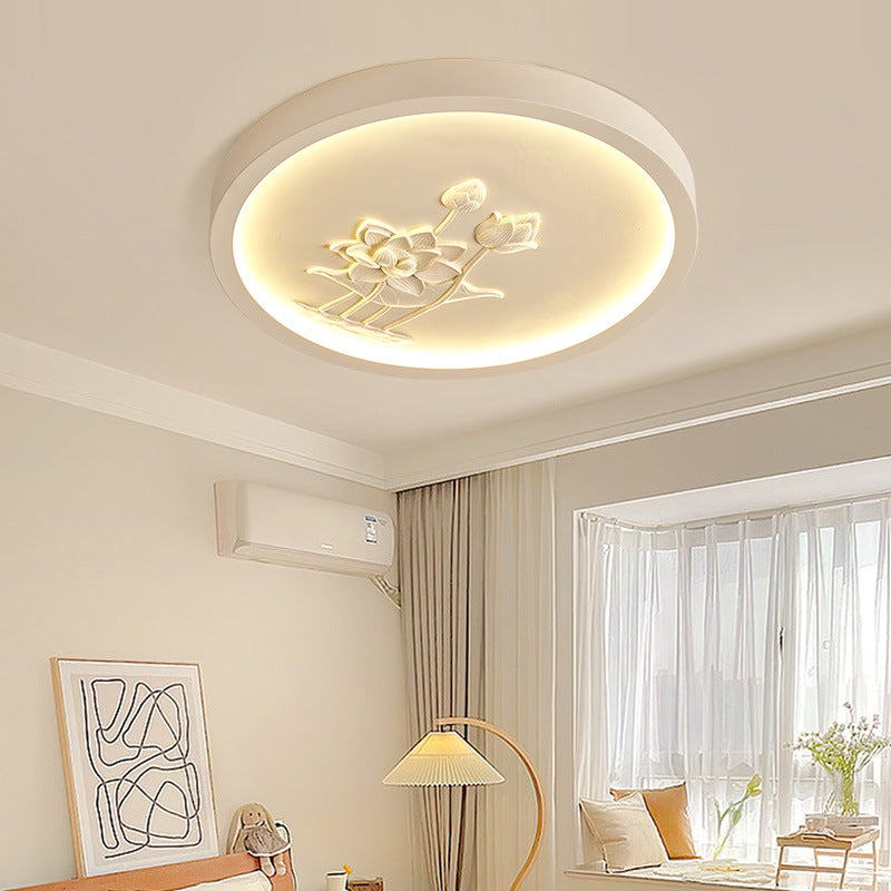 Traditional Chinese Resin Iron Acrylic Round Engraved Lotus Flower LED Flush Mount Ceiling Light For Bedroom