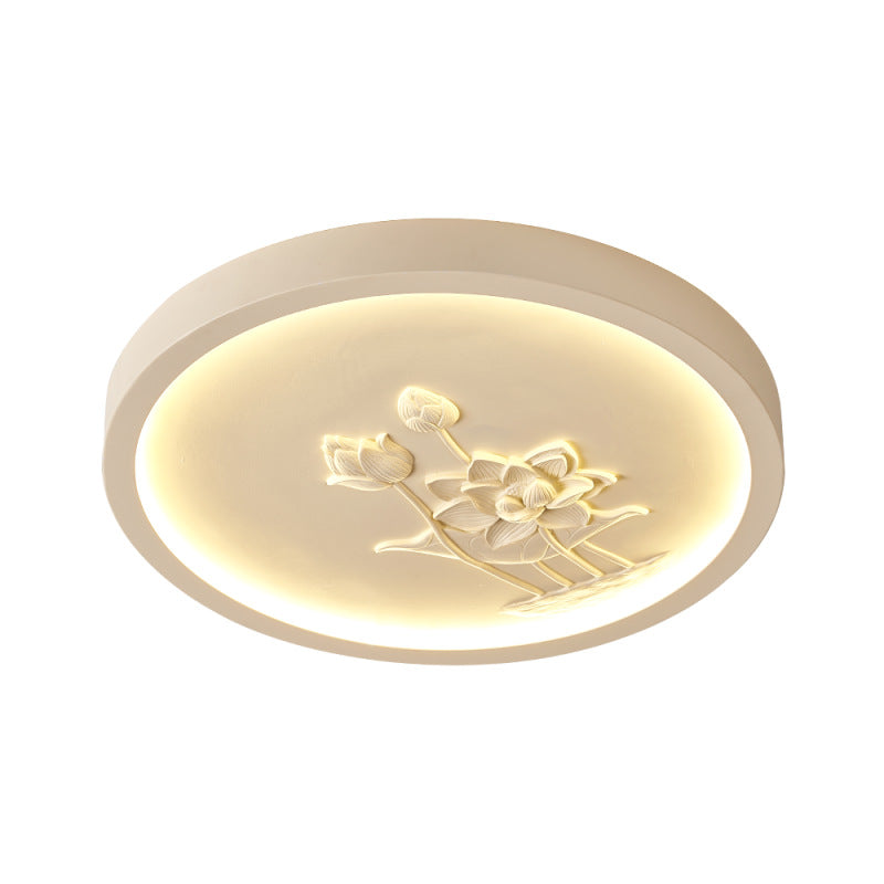 Traditional Chinese Resin Iron Acrylic Round Engraved Lotus Flower LED Flush Mount Ceiling Light For Bedroom