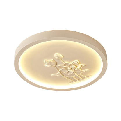 Traditional Chinese Resin Iron Acrylic Round Engraved Lotus Flower LED Flush Mount Ceiling Light For Bedroom