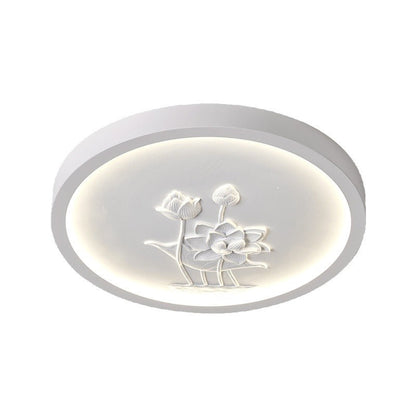 Traditional Chinese Resin Iron Acrylic Round Engraved Lotus Flower LED Flush Mount Ceiling Light For Bedroom