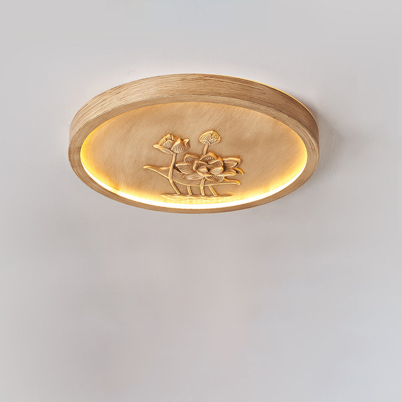 Traditional Chinese Resin Iron Acrylic Round Engraved Lotus Flower LED Flush Mount Ceiling Light For Bedroom