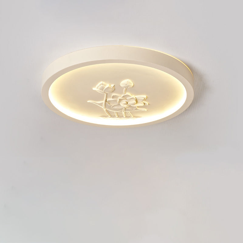 Traditional Chinese Resin Iron Acrylic Round Engraved Lotus Flower LED Flush Mount Ceiling Light For Bedroom