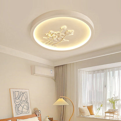 Traditional Chinese Resin Iron Acrylic Round Engraved Lotus Flower LED Flush Mount Ceiling Light For Bedroom